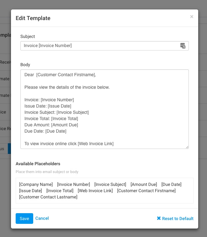 accountedge pro invoice send email template