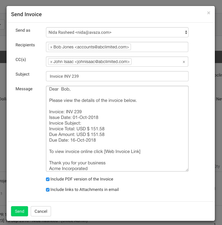 mail format for sending invoice to customer