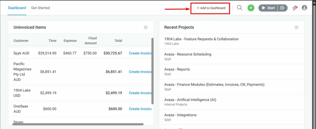 Add to Dashboard button